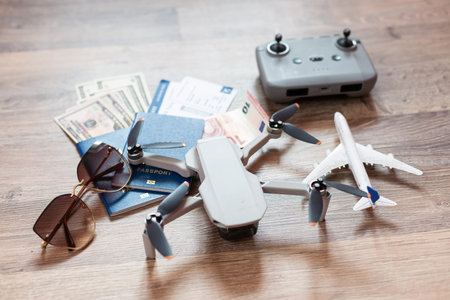 Travel objects and accessories on white, Hi tech gadgets for vacation travel Vlogger and blogger...