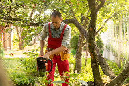 Cutting tree branches with a pole chain saw