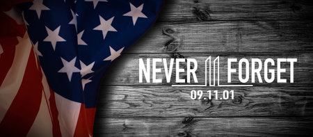 9.11 Patriot Day with Twin Towers on american flag. USA Patriot Day banner. September 11, 2001. We...