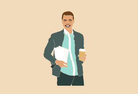 Caucasian man sitting in the bar and drinking a cocktail. Young sad man sitting alone in the bar with a cocktail. Man drinking a cocktail in the bar. Vector flat design illustration. Horizontal layoutのイラスト素材