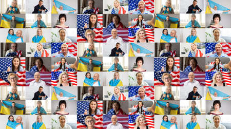 Lot of happy multiracial people looking at camera in square collage mosaic. Many smiling multiethnic faces of young and old diverse ethnic business people group headshots. Hr, staff, society concept.の写真素材