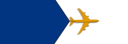 Flat lay design of travel concept with plane on blue background with copy spaceの写真素材