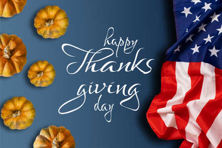 Happy Thanksgiving. American flag on gray backgroundの写真素材
