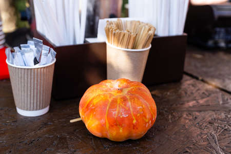 Thanksgiving decor with pumpkins in a gardenの写真素材