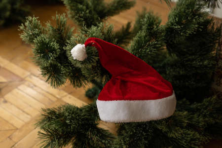 Beautiful christmas background. Christmas tree and Christmas socks. christmas preparationの写真素材