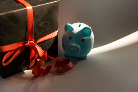 Piggy Bank with gift box, worried about moneyの写真素材