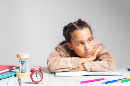 Little cute girl is bored and tired with doing her homeworkの写真素材