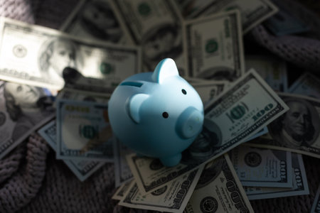 business, finance, investment, saving and corruption concept - close up of dollar cash money and piggy bank on table.の写真素材