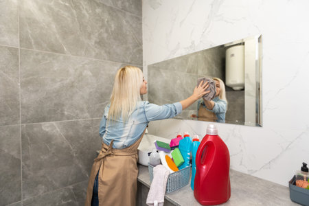 Beautiful young woman cleaning bathroomの写真素材