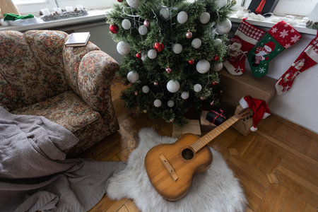 Gifts and presents under the xmas tree. Christmas tree with christmas decorations and christmas...