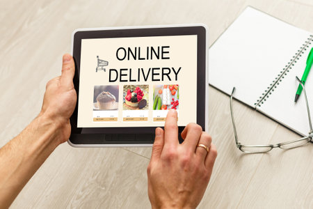 Concept online Sopping. boxes and shopping bag with tablet Online Shopping screen.の写真素材