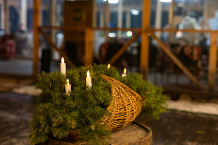 Place table setting for Christmas white table with decor elements with green branches Christmas treeの写真素材