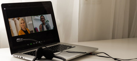 Teacher Hosting Online Class Using Video Conference On Laptopの写真素材