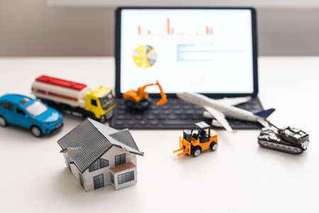 set of toy transport, house and a tabletの写真素材