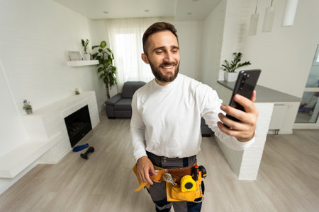 Good day mood build builder construction constructor engineer workman repairman concept. Close up photo portrait of cheerful glad handsome beaming toothy bearded guy make take selfie on smart phone.の写真素材