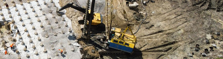 aerial panoramic view of city construction site.