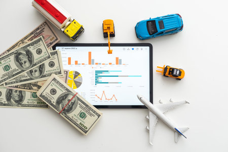 a set of toy transport and dollars and a tablet