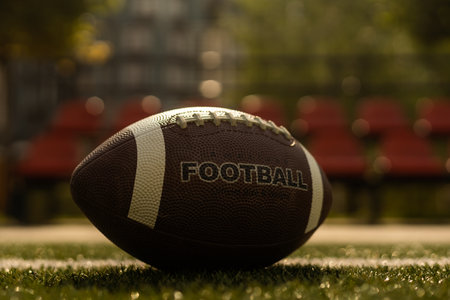 American football ball on the grass of a stadiumの写真素材