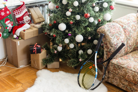 Tennis Christmas, Happy New Year concept with tennis, rocket. Winter sport healthy ornamentの写真素材