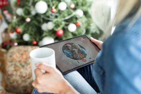 Christmas online holiday. Happy woman having video call with their family or friends. Young woman uses a digital tablet near decorated festive tree at home. Virtual meetingの写真素材