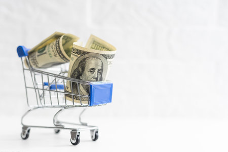 A small shopping cart with 100 dollar bills on a table with space for text.の写真素材