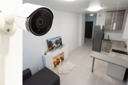 Close Up Object Shot of a Modern WiFi Surveillance Camera on a White Wall in a Cozy Apartment Has...
