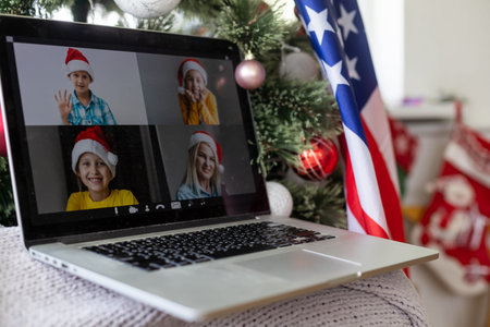 Studying and working with a laptop, usa flag, christmas