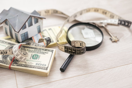 dollar money, toy house and magnifying glassの写真素材
