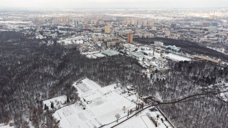 Aerial view of a housing estate on the outskirts of the large city of kievの写真素材