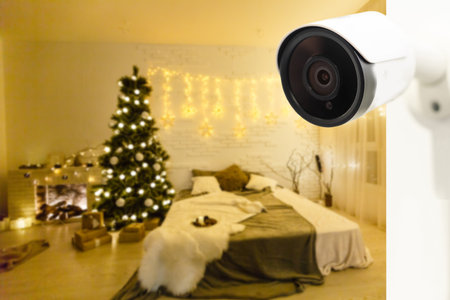 Interior Of Modern Empty Living Room With Security Camera In House.