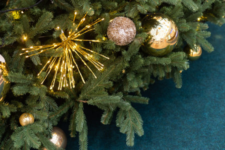 Christmas background - baubles and branch of spruce treeの写真素材