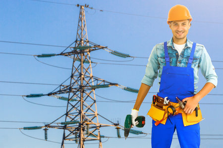 Construction worker with helmet and tool belt.の写真素材
