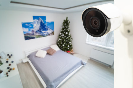 Interior Of Modern Empty Living Room With Security Camera In House.の写真素材