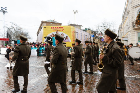 KIEV - DEC 22, 2019: Borjomi New Year Parade, greets people on December 22, 2019 in Kiev, Ukraine.