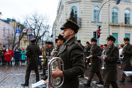 KIEV - DEC 22, 2019: Borjomi New Year Parade, greets people on December 22, 2019 in Kiev, Ukraine.のeditorial素材