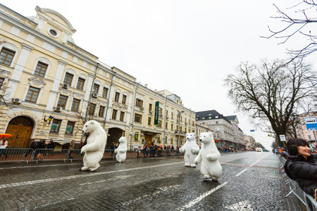 KIEV - DEC 22, 2019: Borjomi New Year Parade, greets people on December 22, 2019 in Kiev, Ukraine.のeditorial素材