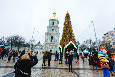 Christmas tree set at Sofievskaya square during holding Christmas market. December 22, 2019, Kiev, Ukraineのeditorial素材