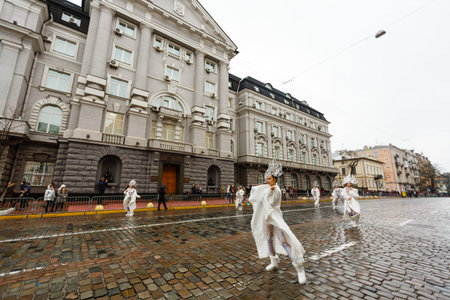 KIEV - DEC 22, 2019: Borjomi New Year Parade, greets people on December 22, 2019 in Kiev, Ukraine.