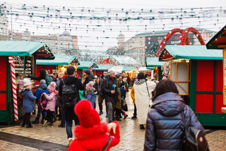 Christmas tree set at Sofievskaya square during holding Christmas market. December 22, 2019, Kiev, Ukraineのeditorial素材