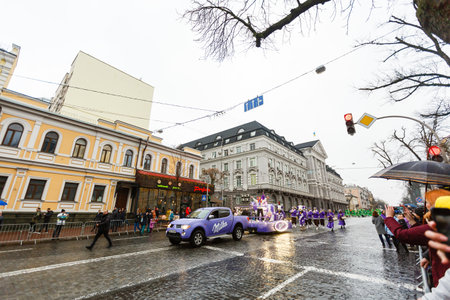 KIEV - DEC 22, 2019: Borjomi New Year Parade, greets people on December 22, 2019 in Kiev, Ukraine.のeditorial素材