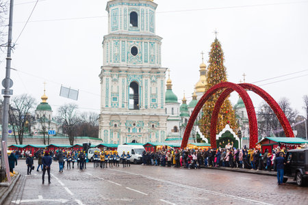 Christmas tree set at Sofievskaya square during holding Christmas market. December 22, 2019, Kiev, Ukraineのeditorial素材