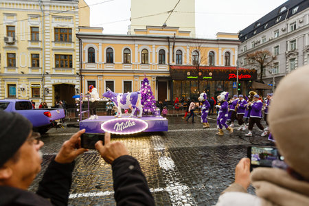 KIEV - DEC 22, 2019: Borjomi New Year Parade, greets people on December 22, 2019 in Kiev, Ukraine.のeditorial素材