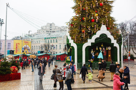 Christmas tree set at Sofievskaya square during holding Christmas market. December 22, 2019, Kiev, Ukraineのeditorial素材