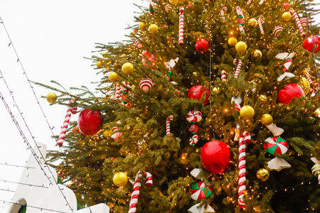 Colorful close up details of christmas fair market. Balls decorations