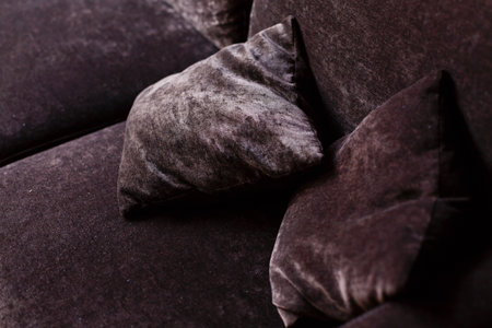 Velvet texture, dark grey gloss fabric, expensive luxury material, sofa and pillows of soft gorgeous silk blend velvet? Wallpaper and background. Copy spaceの写真素材