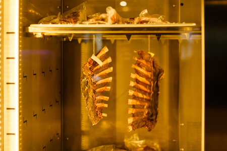 Smoked beef meat on hook in smokehouse. Smoked meat, ribs. Homemade traditional gourmet organic beef mealの写真素材