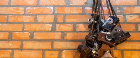 Retro vintage style camera on a old brick wall.の写真素材
