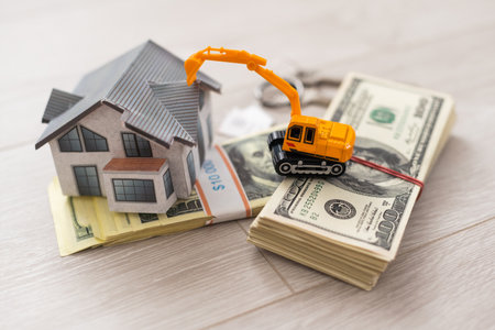 Small house and excavator, dollar billsの写真素材