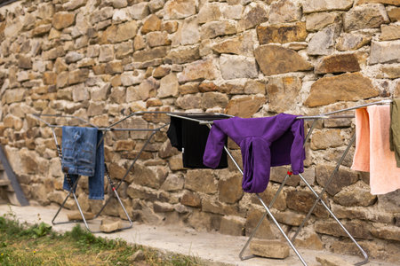 laundry drying outside in the townの写真素材