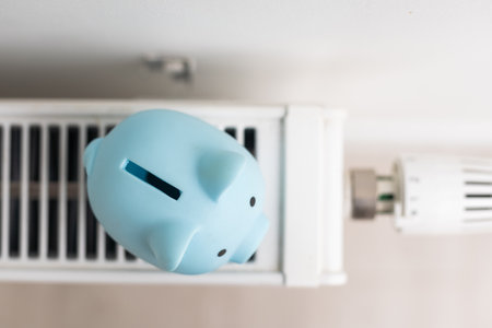 Piggy bank on central heating radiator. Concept image for saving money on heatingの写真素材